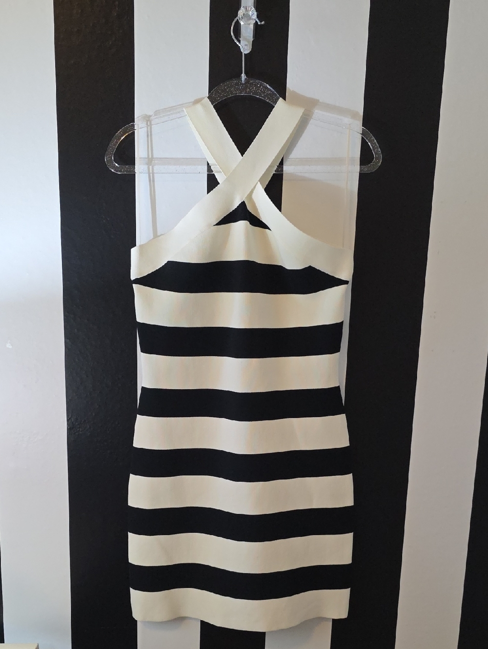 Sleeveless Black and Cream Striped Bodycon Dress